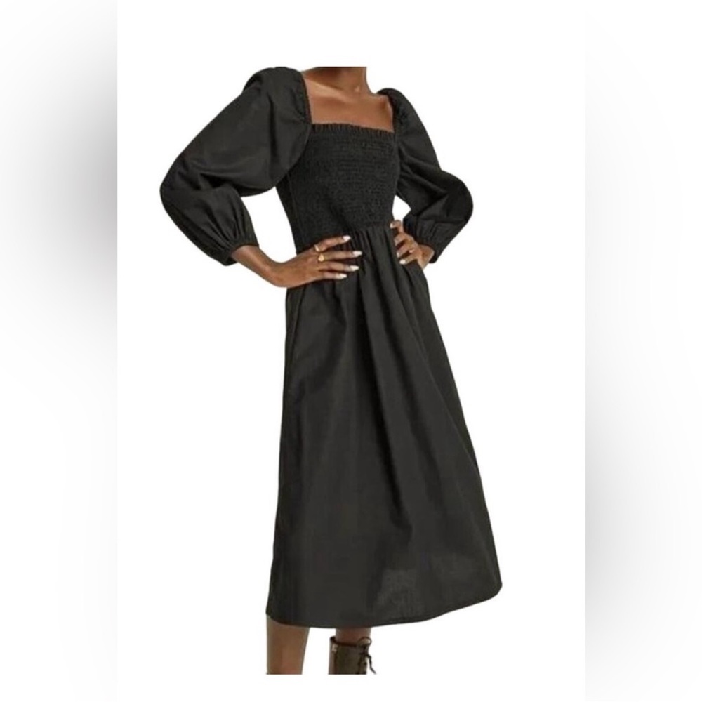 J. Crew Black Smocked Puff-Sleeve Dress Size: S